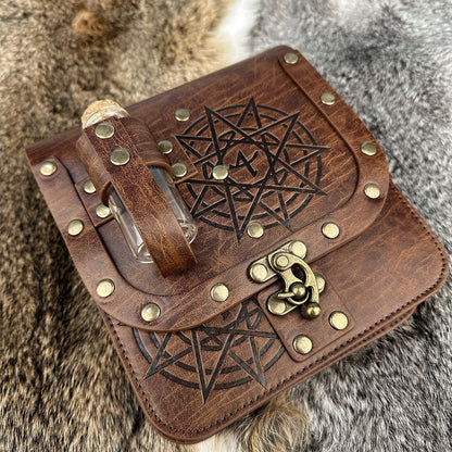 HiiFeuer Medieval Alchemy Faux Leather Belt Bag with 2 Cork Potion Vials, Fantasy Wizard Waist Pouch Side Pack for Ren Faire