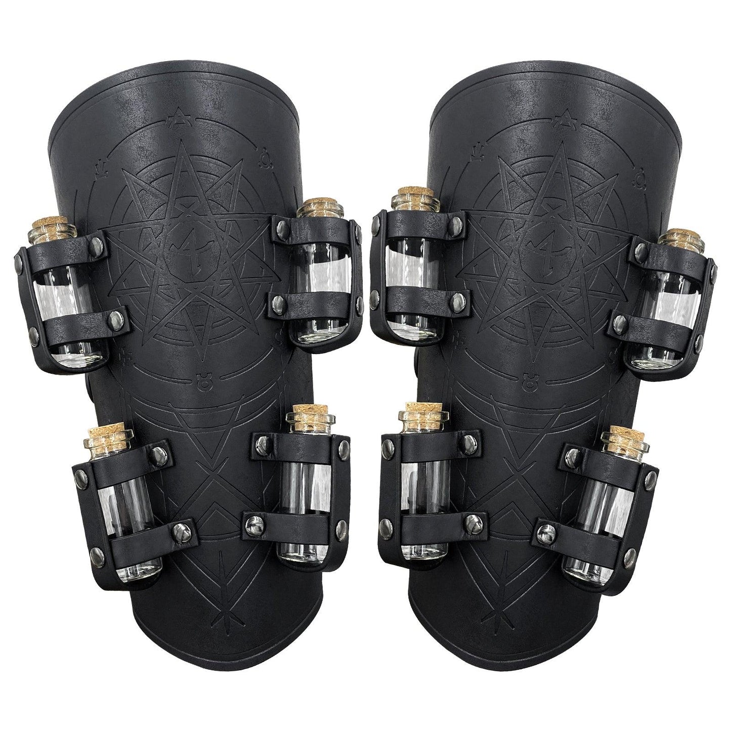HiiFeuer Medieval Embossed Alchemy Bracers with 8 Cork Vials, Fantasy Faux Leather Buckle Arm Guards Magic Archer Gauntlets