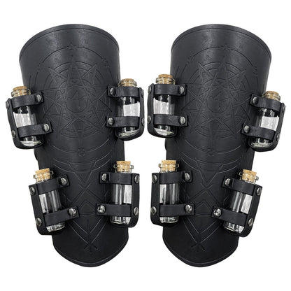 HiiFeuer Medieval Embossed Alchemy Bracers with 8 Cork Vials, Fantasy Faux Leather Buckle Arm Guards Magic Archer Gauntlets