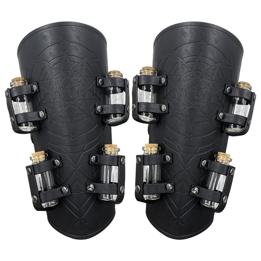 HiiFeuer Medieval Embossed Alchemy Bracers with 8 Cork Vials, Fantasy Faux Leather Buckle Arm Guards Magic Archer Gauntlets