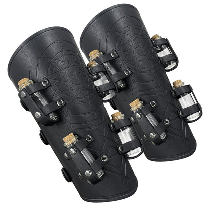 HiiFeuer Medieval Embossed Alchemy Bracers with 8 Cork Vials, Fantasy Faux Leather Buckle Arm Guards Magic Archer Gauntlets