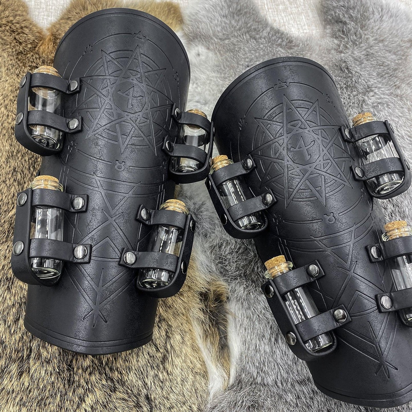 HiiFeuer Medieval Embossed Alchemy Bracers with 8 Cork Vials, Fantasy Faux Leather Buckle Arm Guards Magic Archer Gauntlets