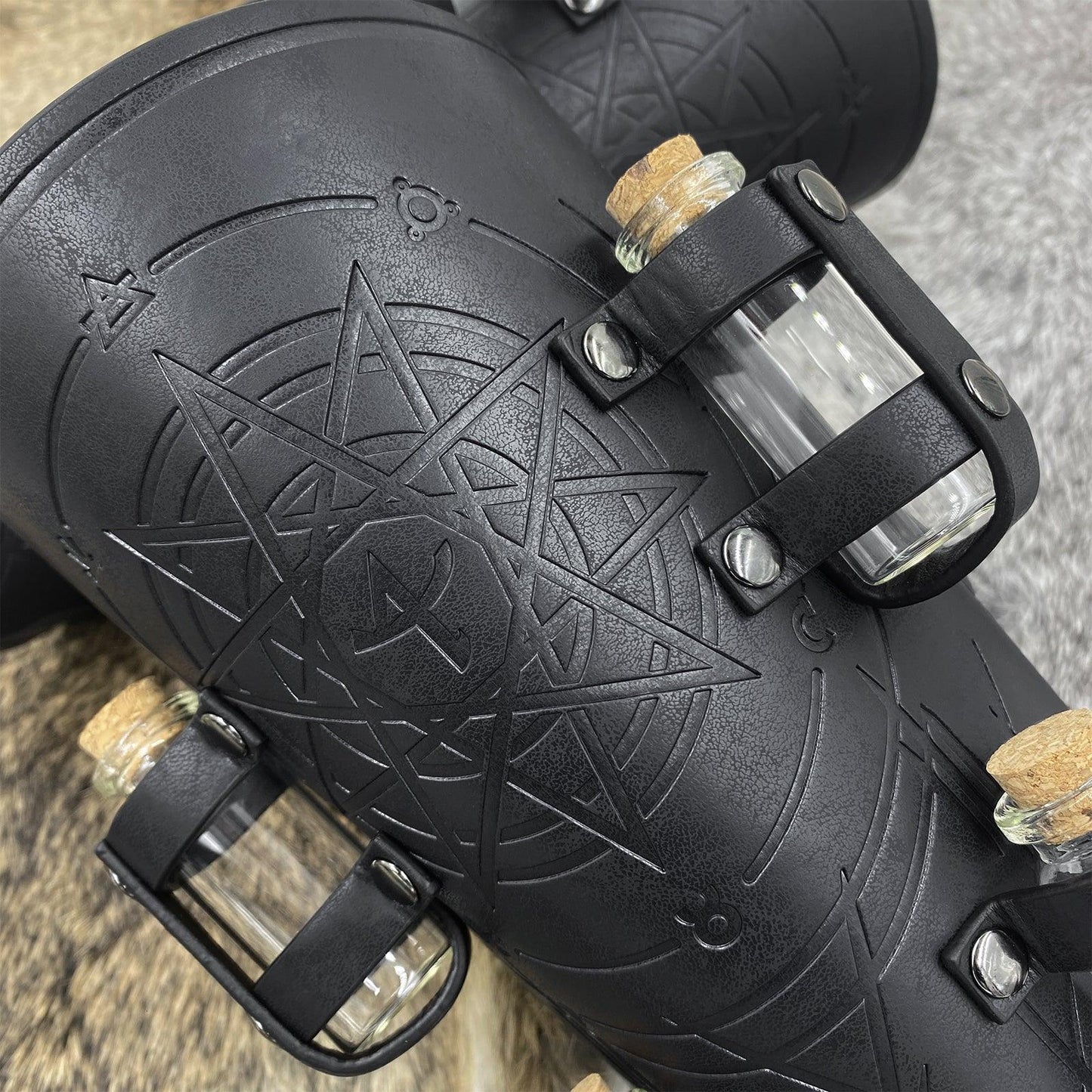 HiiFeuer Medieval Embossed Alchemy Bracers with 8 Cork Vials, Fantasy Faux Leather Buckle Arm Guards Magic Archer Gauntlets