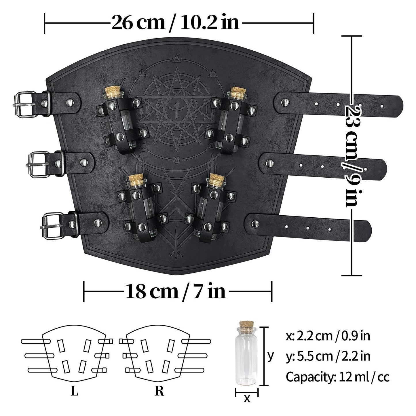 HiiFeuer Medieval Embossed Alchemy Bracers with 8 Cork Vials, Fantasy Faux Leather Buckle Arm Guards Magic Archer Gauntlets