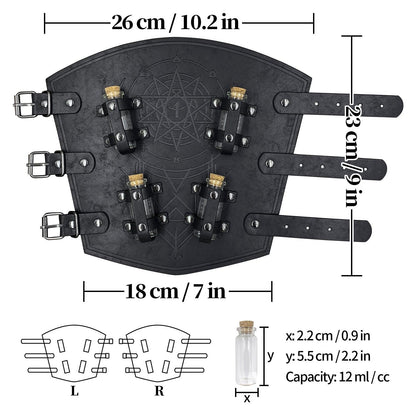 HiiFeuer Medieval Embossed Alchemy Bracers with 8 Cork Vials, Fantasy Faux Leather Buckle Arm Guards Magic Archer Gauntlets