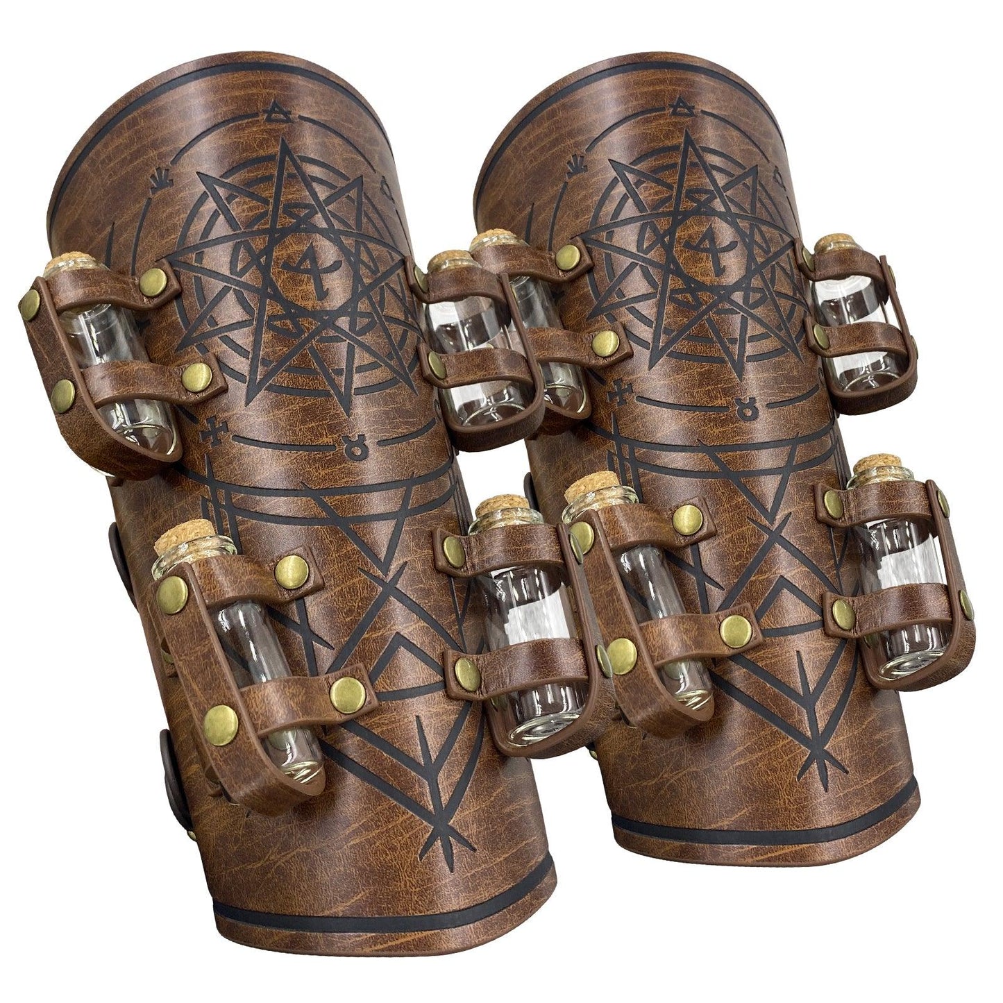 HiiFeuer Medieval Embossed Alchemy Bracers with 8 Cork Vials, Fantasy Faux Leather Buckle Arm Guards Magic Archer Gauntlets
