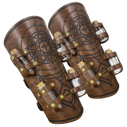 HiiFeuer Medieval Embossed Alchemy Bracers with 8 Cork Vials, Fantasy Faux Leather Buckle Arm Guards Magic Archer Gauntlets