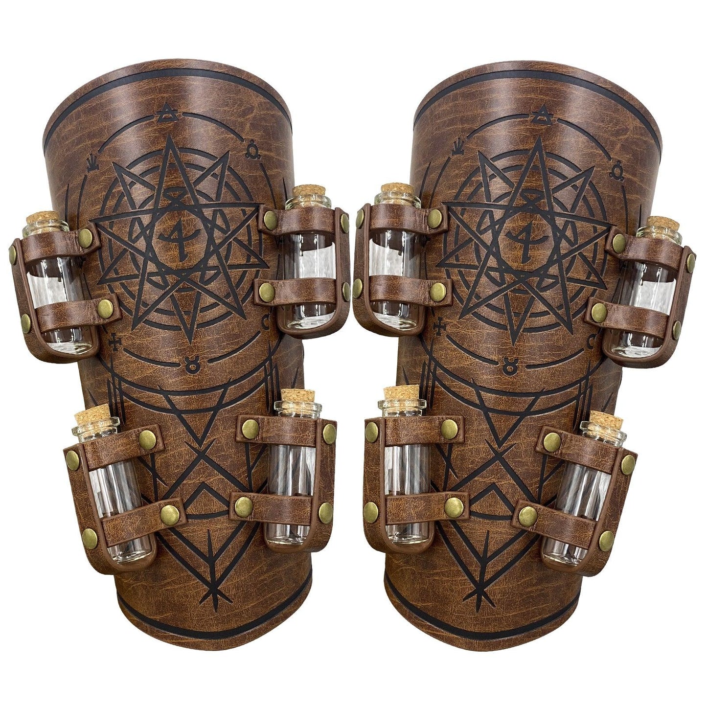 HiiFeuer Medieval Embossed Alchemy Bracers with 8 Cork Vials, Fantasy Faux Leather Buckle Arm Guards Magic Archer Gauntlets