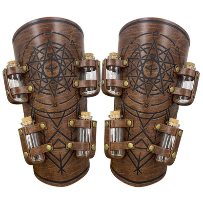 HiiFeuer Medieval Embossed Alchemy Bracers with 8 Cork Vials, Fantasy Faux Leather Buckle Arm Guards Magic Archer Gauntlets