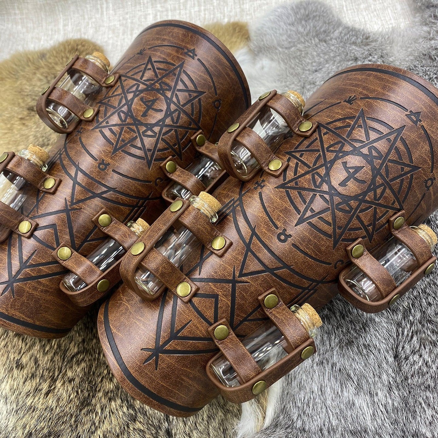 HiiFeuer Medieval Embossed Alchemy Bracers with 8 Cork Vials, Fantasy Faux Leather Buckle Arm Guards Magic Archer Gauntlets
