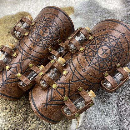 HiiFeuer Medieval Embossed Alchemy Bracers with 8 Cork Vials, Fantasy Faux Leather Buckle Arm Guards Magic Archer Gauntlets