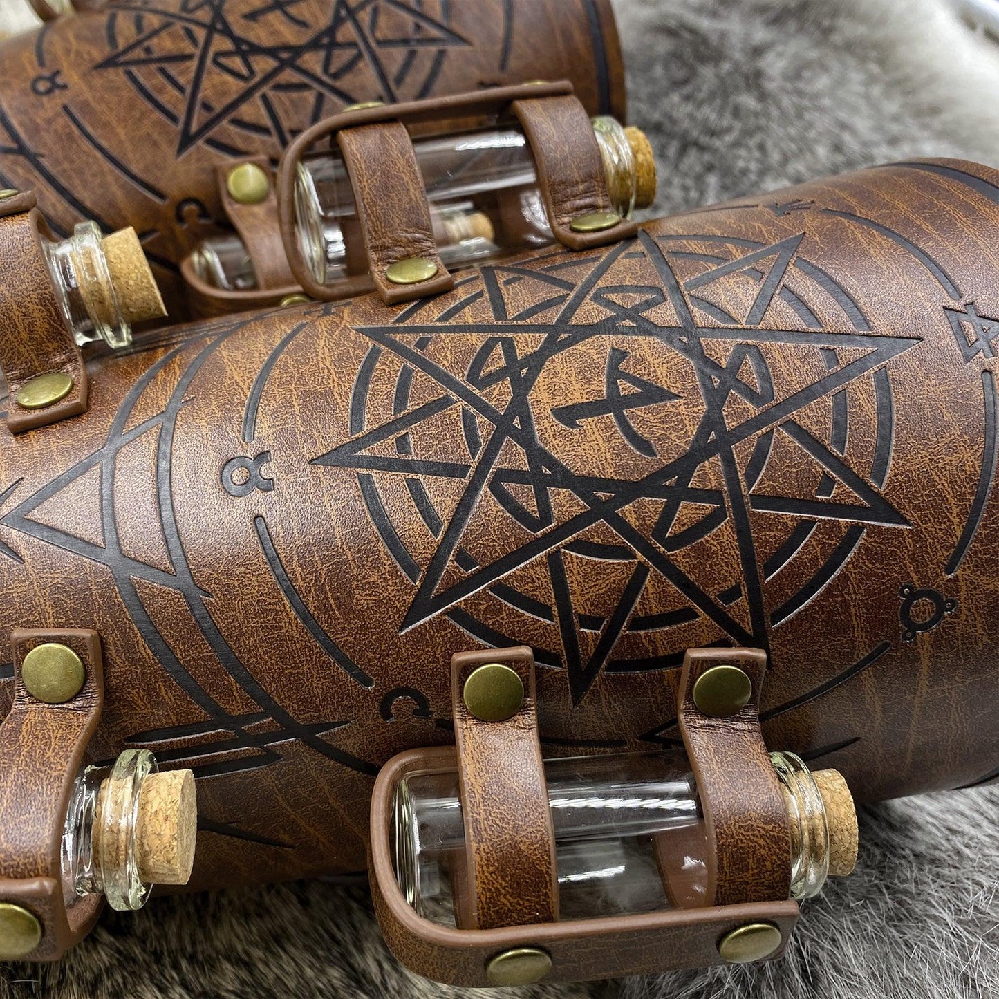 HiiFeuer Medieval Embossed Alchemy Bracers with 8 Cork Vials, Fantasy Faux Leather Buckle Arm Guards Magic Archer Gauntlets