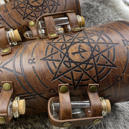 HiiFeuer Medieval Embossed Alchemy Bracers with 8 Cork Vials, Fantasy Faux Leather Buckle Arm Guards Magic Archer Gauntlets