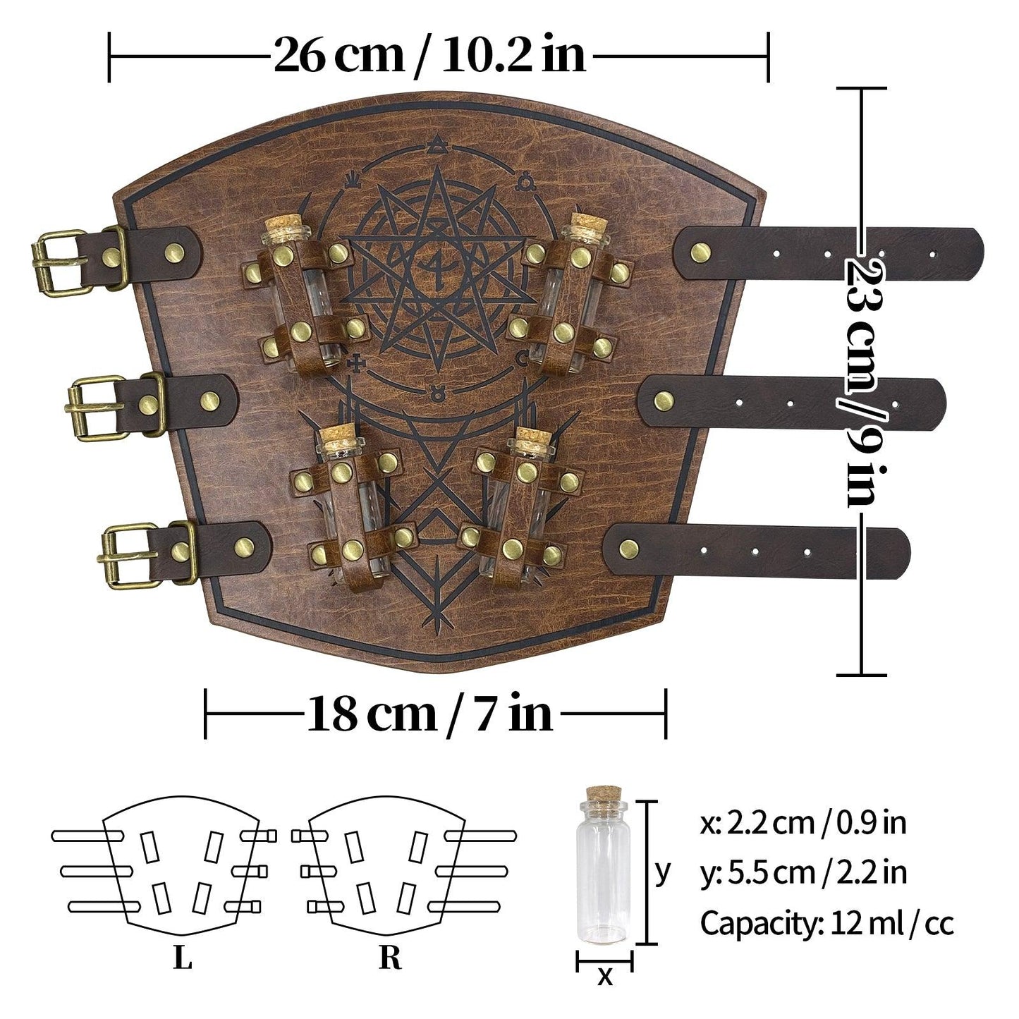 HiiFeuer Medieval Embossed Alchemy Bracers with 8 Cork Vials, Fantasy Faux Leather Buckle Arm Guards Magic Archer Gauntlets