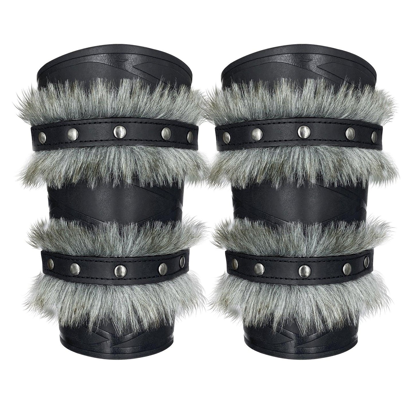 HiiFeuer Nordic Viking Barbarian Arm Guards, Medieval Artificial Fur Gauntlets, Vintage Faux Leather Bracers for LARP