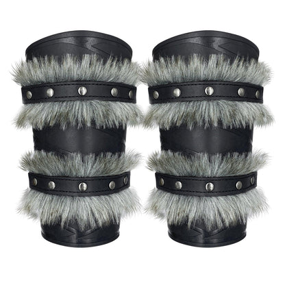 HiiFeuer Nordic Viking Barbarian Arm Guards, Medieval Artificial Fur Gauntlets, Vintage Faux Leather Bracers for LARP