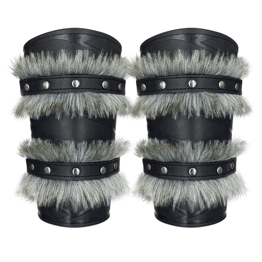 HiiFeuer Nordic Viking Barbarian Arm Guards, Medieval Artificial Fur Gauntlets, Vintage Faux Leather Bracers for LARP