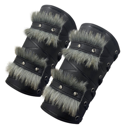 HiiFeuer Nordic Viking Barbarian Arm Guards, Medieval Artificial Fur Gauntlets, Vintage Faux Leather Bracers for LARP