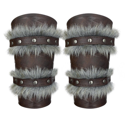 HiiFeuer Nordic Viking Barbarian Arm Guards, Medieval Artificial Fur Gauntlets, Vintage Faux Leather Bracers for LARP