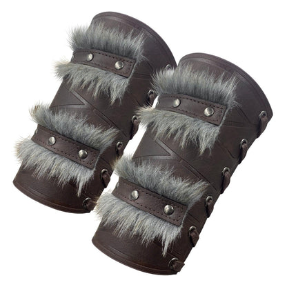 HiiFeuer Nordic Viking Barbarian Arm Guards, Medieval Artificial Fur Gauntlets, Vintage Faux Leather Bracers for LARP