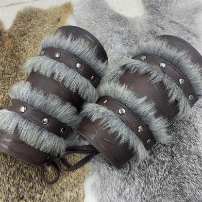 HiiFeuer Nordic Viking Barbarian Arm Guards, Medieval Artificial Fur Gauntlets, Vintage Faux Leather Bracers for LARP