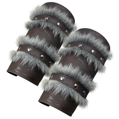 HiiFeuer Nordic Viking Barbarian Arm Guards, Medieval Artificial Fur Gauntlets, Vintage Faux Leather Bracers for LARP