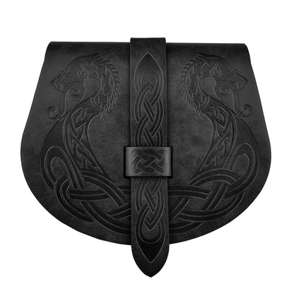 HiiFeuer Viking Embossed Langskip Belt Pouch, Medieval Faux Leather Flap Saddle Side Bag Purses, Retro Portable Belt Bag