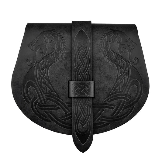 HiiFeuer Viking Embossed Langskip Belt Pouch, Medieval Faux Leather Flap Saddle Side Bag Purses, Retro Portable Belt Bag