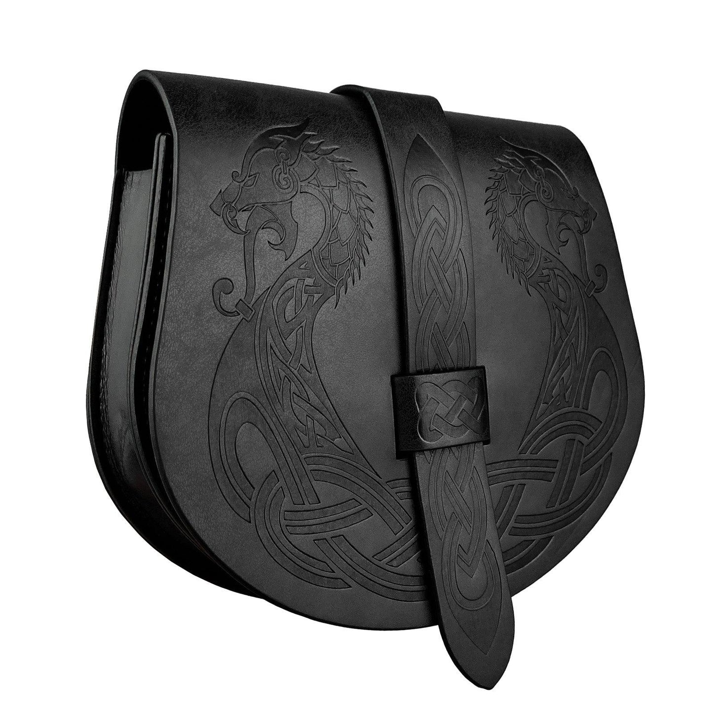HiiFeuer Viking Embossed Langskip Belt Pouch, Medieval Faux Leather Flap Saddle Side Bag Purses, Retro Portable Belt Bag