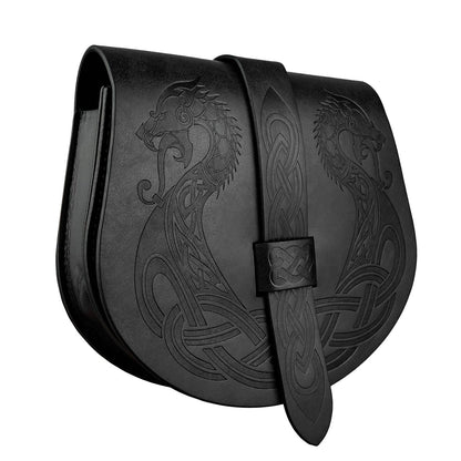 HiiFeuer Viking Embossed Langskip Belt Pouch, Medieval Faux Leather Flap Saddle Side Bag Purses, Retro Portable Belt Bag