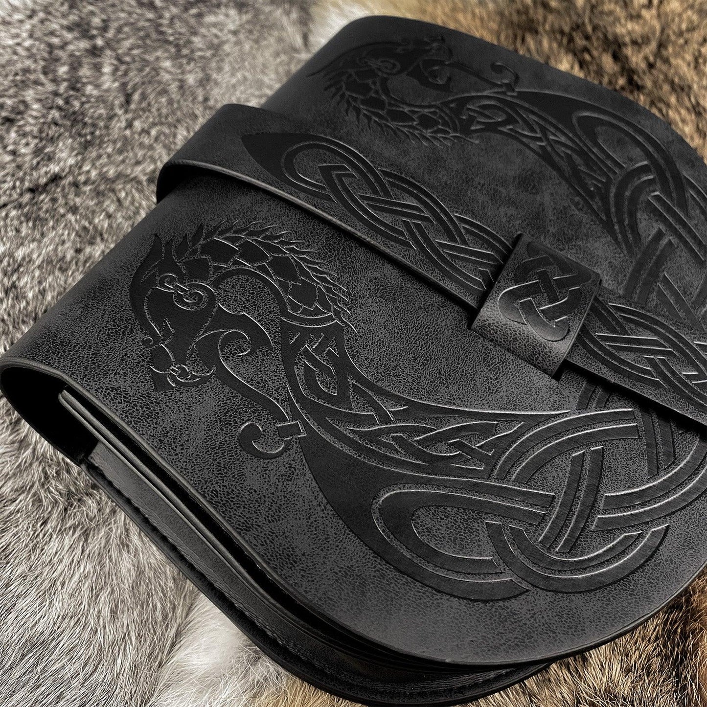 HiiFeuer Viking Embossed Langskip Belt Pouch, Medieval Faux Leather Flap Saddle Side Bag Purses, Retro Portable Belt Bag