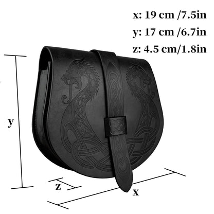 HiiFeuer Viking Embossed Langskip Belt Pouch, Medieval Faux Leather Flap Saddle Side Bag Purses, Retro Portable Belt Bag