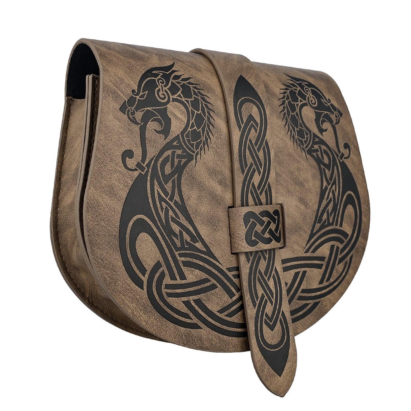 HiiFeuer Viking Embossed Langskip Belt Pouch, Medieval Faux Leather Flap Saddle Side Bag Purses, Retro Portable Belt Bag