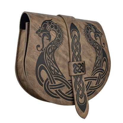 HiiFeuer Viking Embossed Langskip Belt Pouch, Medieval Faux Leather Flap Saddle Side Bag Purses, Retro Portable Belt Bag
