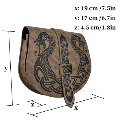 HiiFeuer Viking Embossed Langskip Belt Pouch, Medieval Faux Leather Flap Saddle Side Bag Purses, Retro Portable Belt Bag