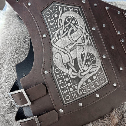 HiiFeuer Viking Embossed Dragon Faux Leather Chest Armor, Medieval Vintage Mercenary Adjustable Vest Armor Knight Body Armor