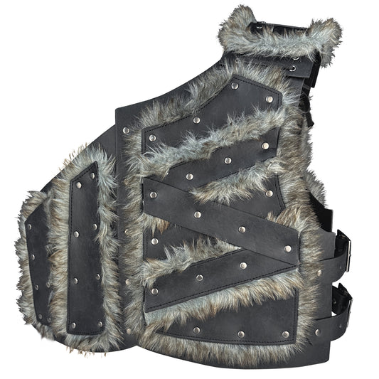 HiiFeuer Viking Artificial Fur Faux Leather Chest Armor, Medieval Vintage Barbarian Body Armor Knight Adjustable Vest Armour