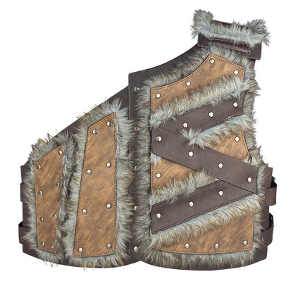 HiiFeuer Viking Artificial Fur Faux Leather Chest Armor, Medieval Vintage Barbarian Body Armor Knight Adjustable Vest Armor