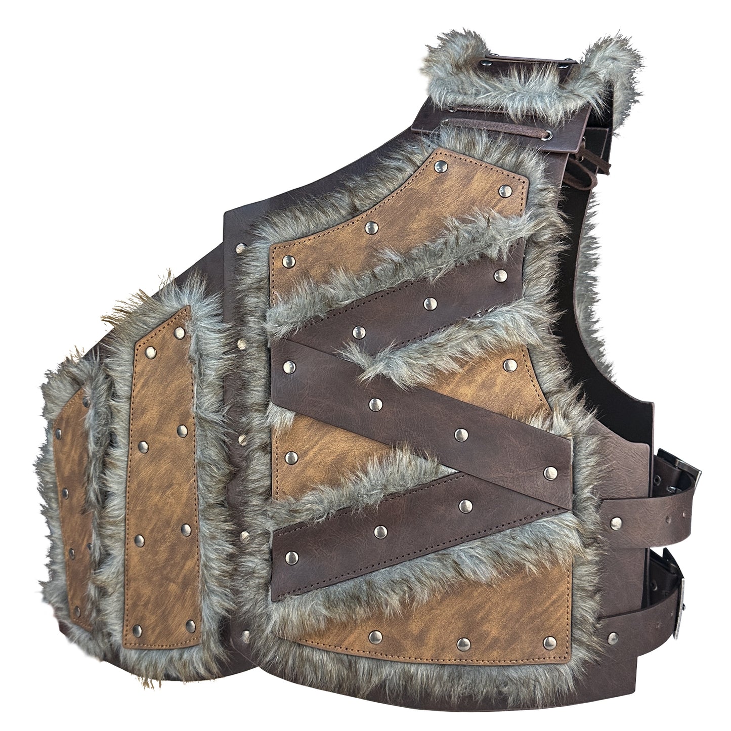 HiiFeuer Viking Artificial Fur Faux Leather Chest Armor, Medieval Vintage Barbarian Body Armor Knight Adjustable Vest Armor
