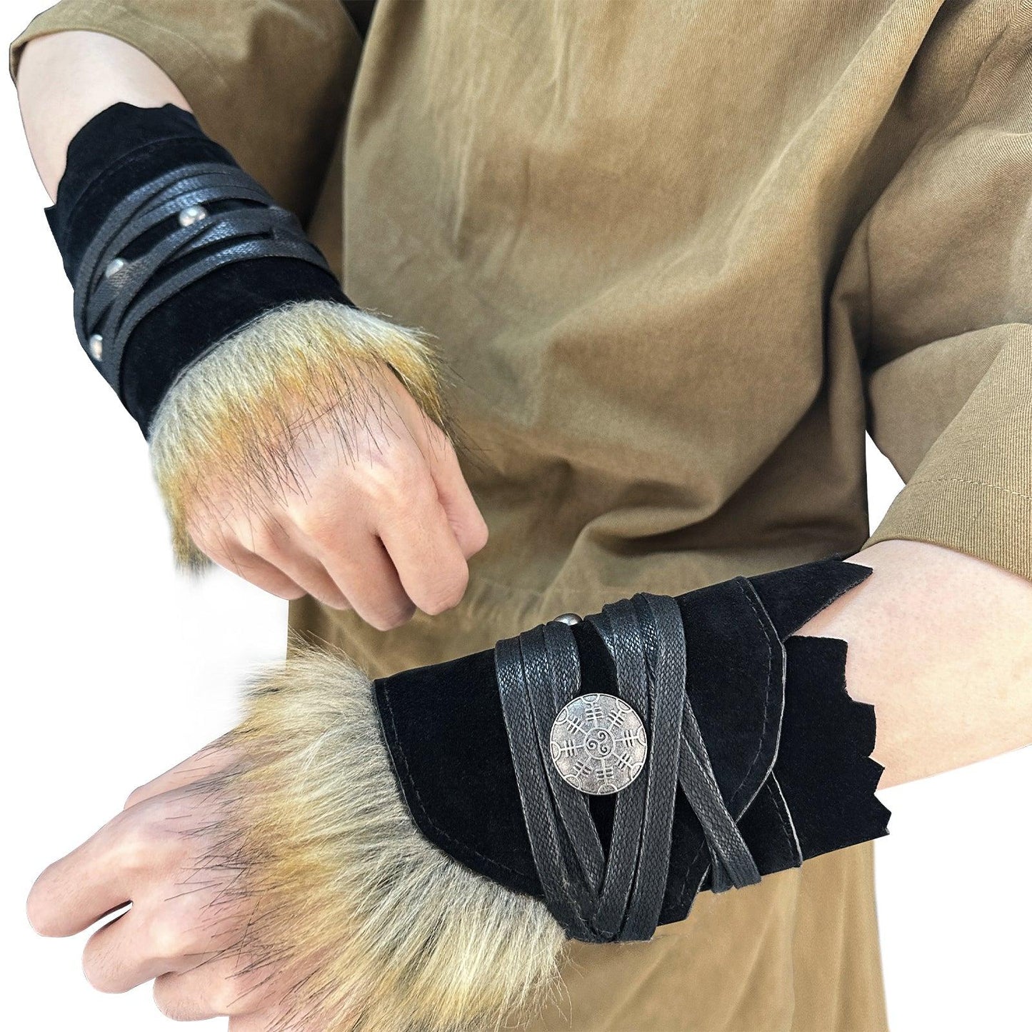 HiiFeuer Medieval Suede Arm Wraps, Renaissance Artificial Fur Bracers, Viking Wrist Band Archery Arm Guards Knight Gauntlets