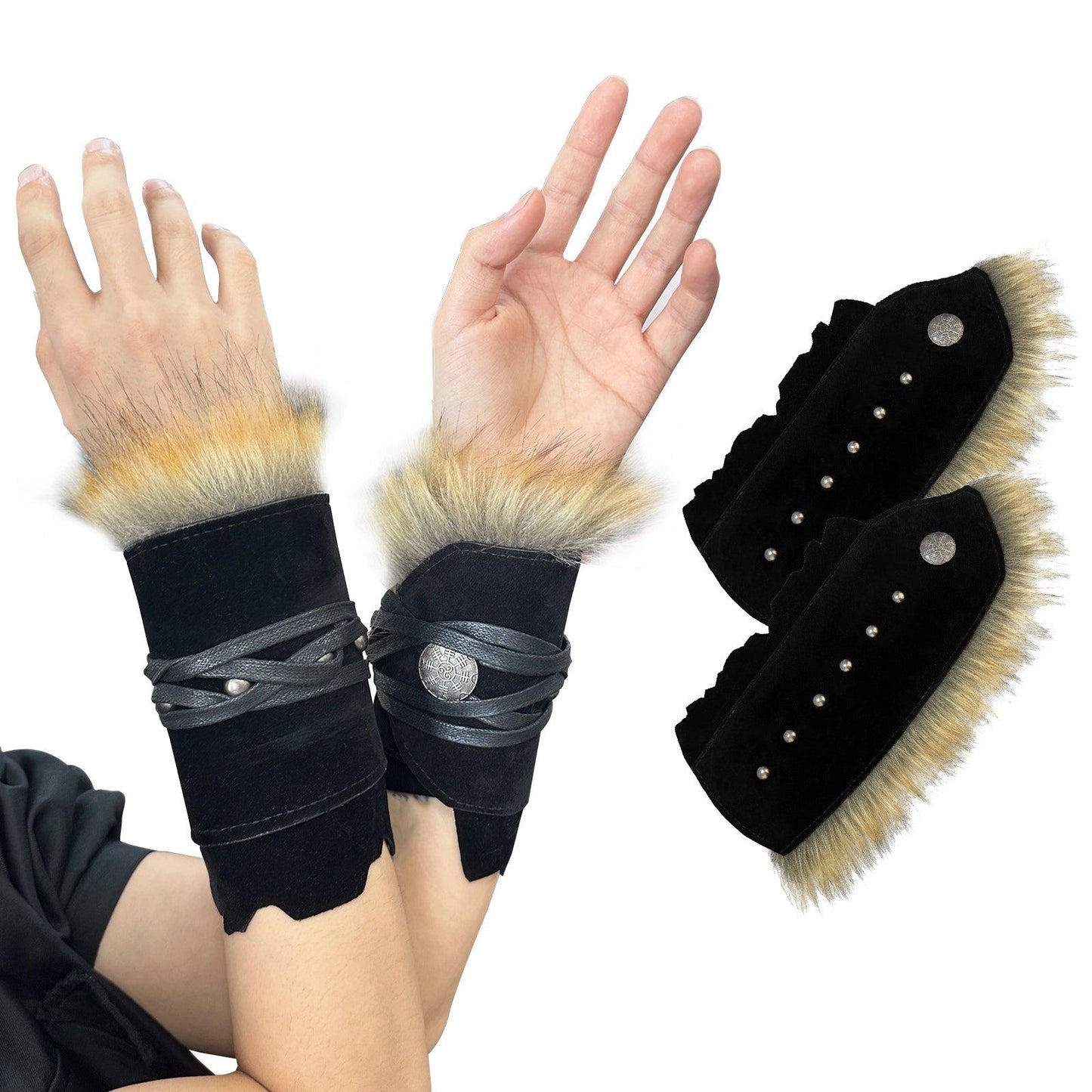 HiiFeuer Medieval Suede Arm Wraps, Renaissance Artificial Fur Bracers, Viking Wrist Band Archery Arm Guards Knight Gauntlets