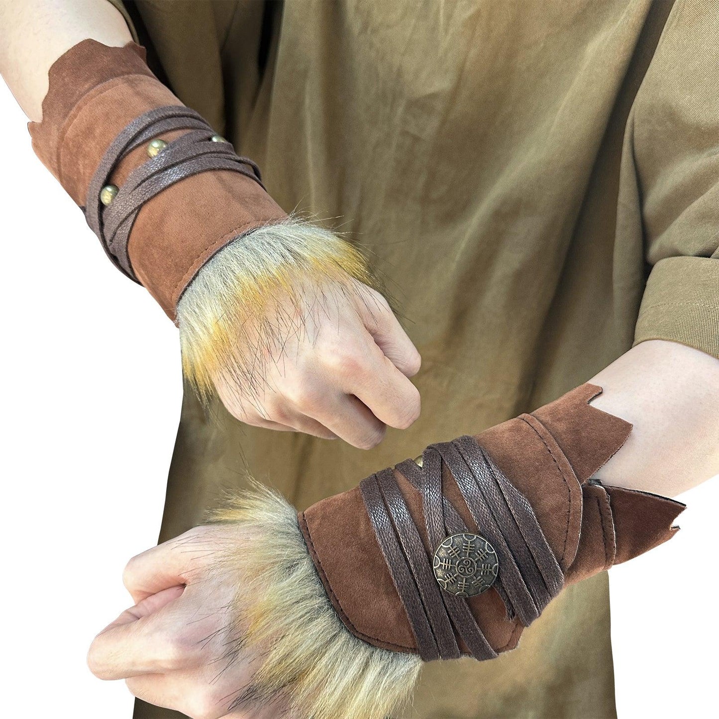 HiiFeuer Medieval Suede Arm Wraps, Renaissance Artificial Fur Bracers, Viking Wrist Band Archery Arm Guards Knight Gauntlets