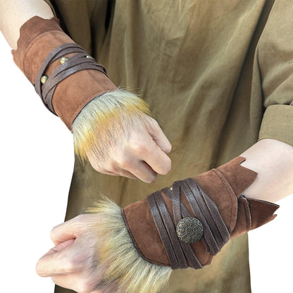 HiiFeuer Medieval Suede Arm Wraps, Renaissance Artificial Fur Bracers, Viking Wrist Band Archery Arm Guards Knight Gauntlets