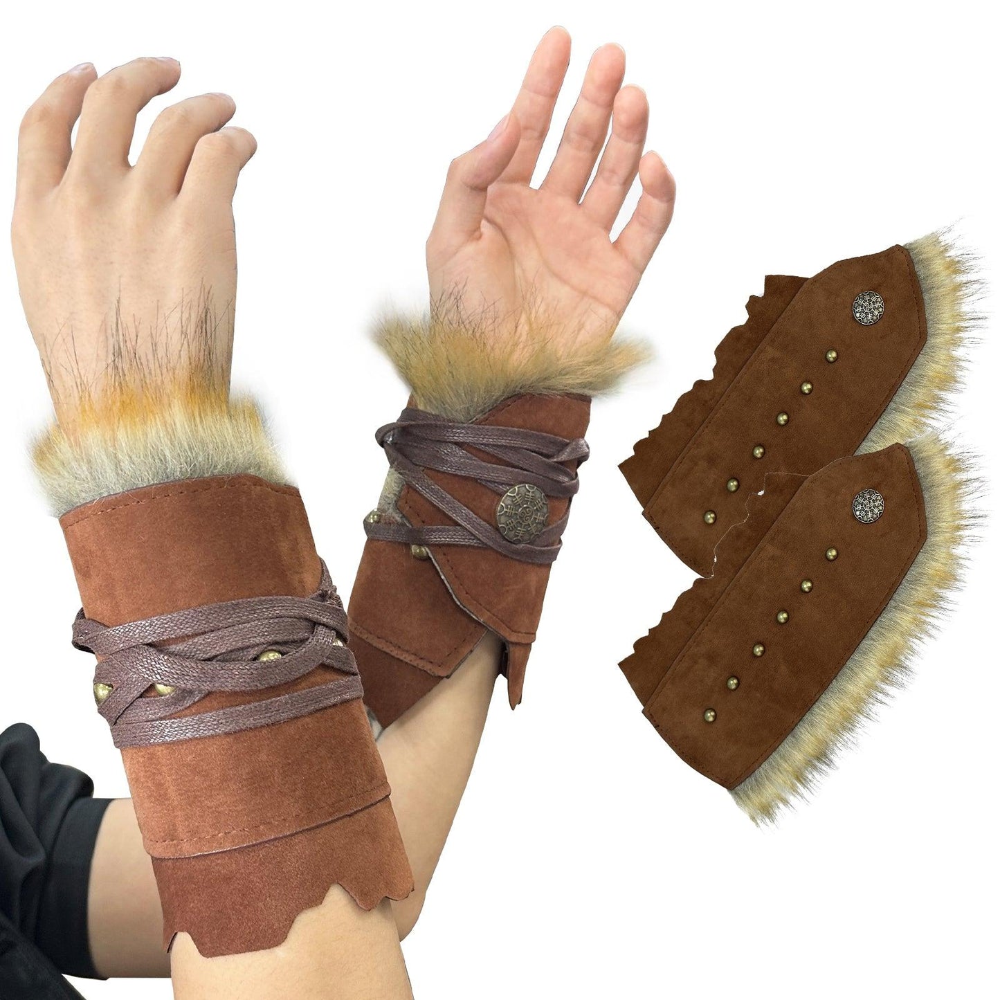 HiiFeuer Medieval Suede Arm Wraps, Renaissance Artificial Fur Bracers, Viking Wrist Band Archery Arm Guards Knight Gauntlets