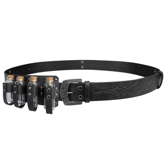HiiFeuer Medieval Embossed Alchemy Faux Leather Buckle Belt with 4 Cork Vials, Fantasy Wizard Potion Bottles Belt