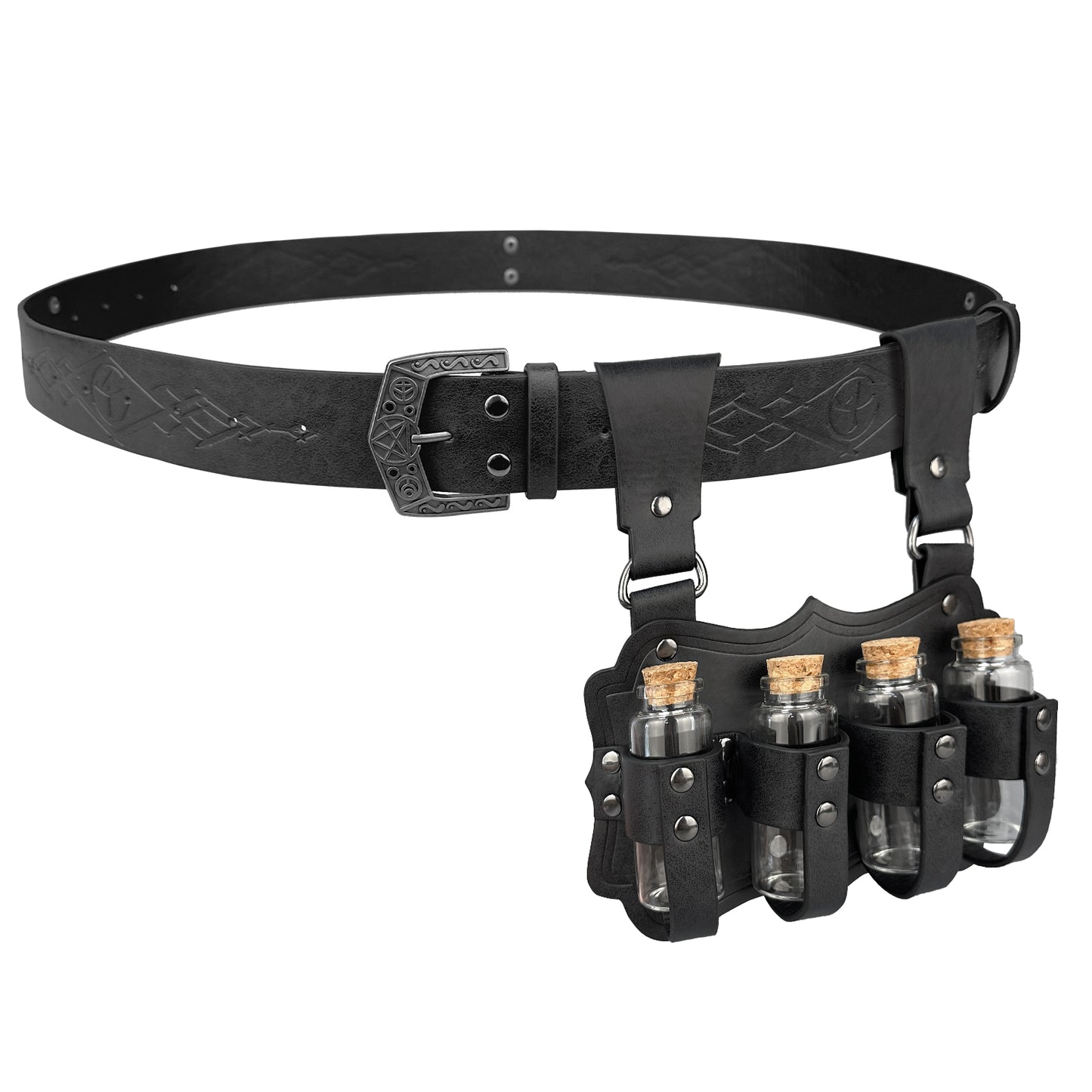 HiiFeuer Medieval Embossed Alchemy Faux Leather Buckle Belt with 4 Cork Vials, Fantasy Wizard Potion Bottles Belt