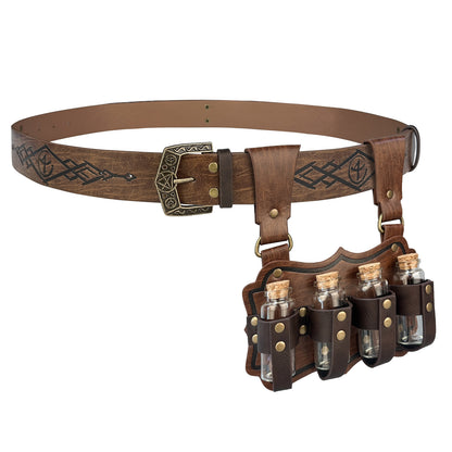 HiiFeuer Medieval Embossed Alchemy Faux Leather Buckle Belt with 4 Cork Vials, Fantasy Wizard Potion Bottles Belt