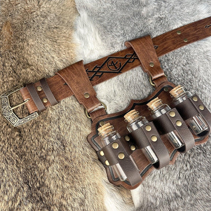 HiiFeuer Medieval Embossed Alchemy Faux Leather Buckle Belt with 4 Cork Vials, Fantasy Wizard Potion Bottles Belt