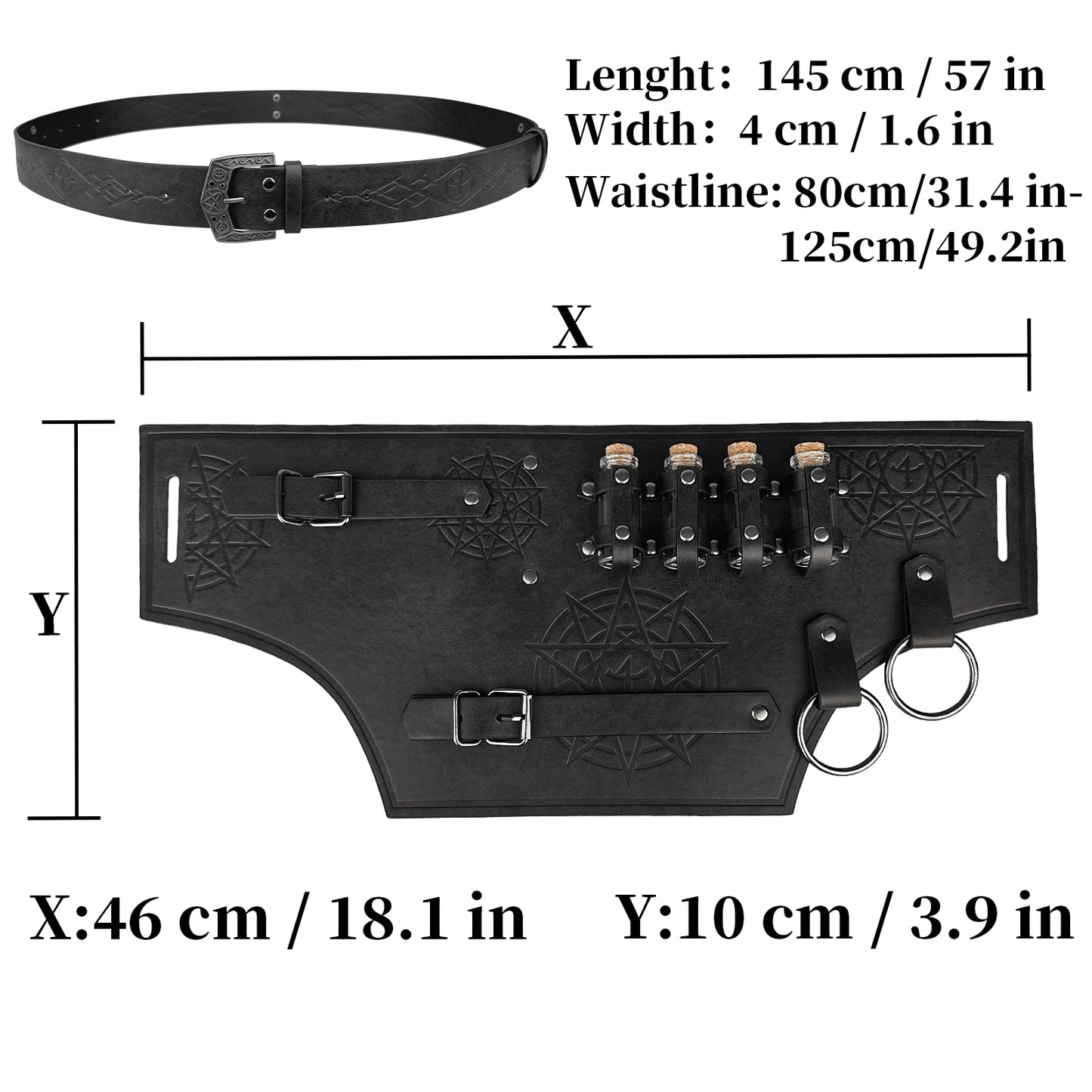 HiiFeuer 4 PCs Medieval Alchemy Belt Costume, Fantasy Faux Leather Wizard Potion Holder Belt with 4 Cork Vials and Belt Bag