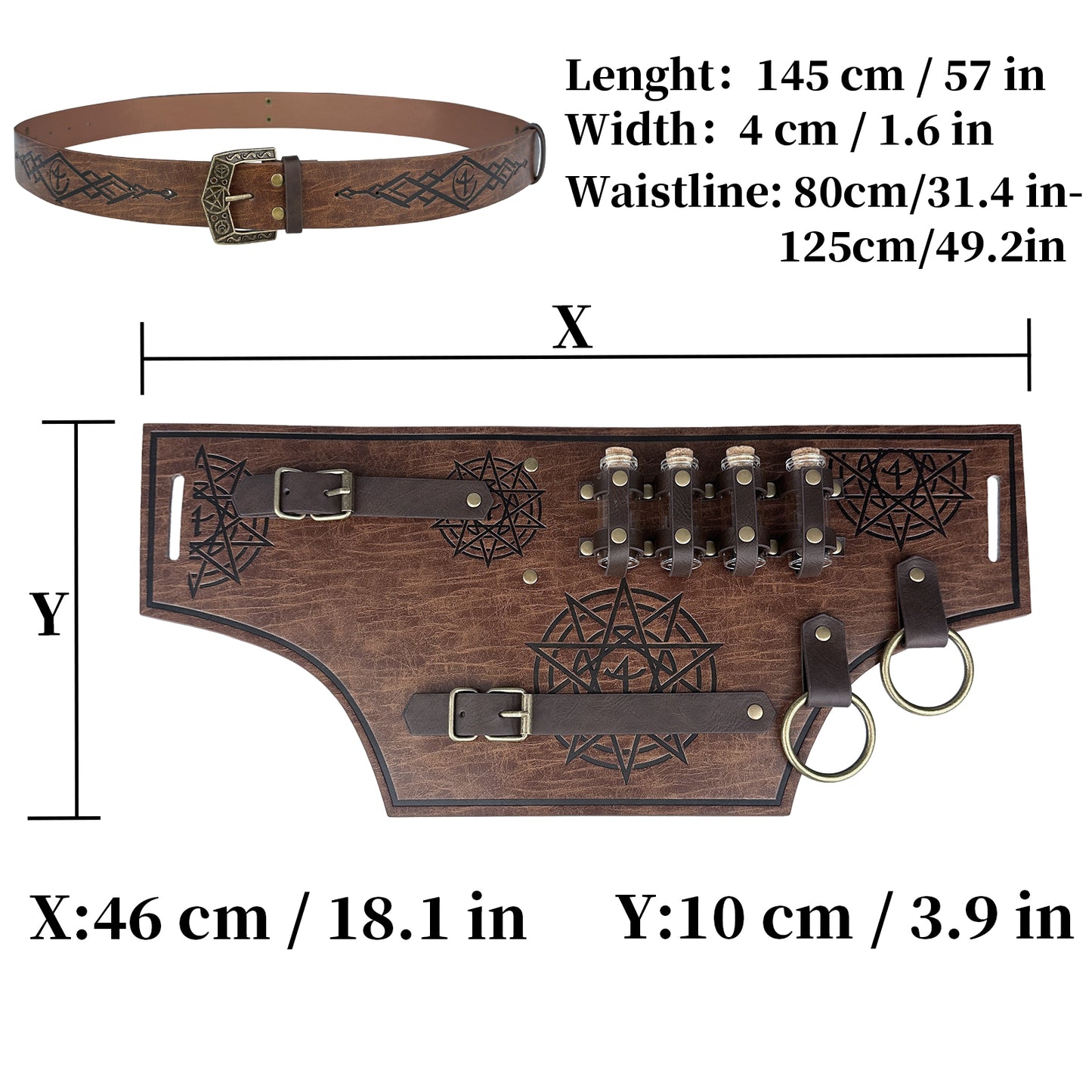 HiiFeuer 4 PCs Medieval Alchemy Belt Costume, Fantasy Faux Leather Wizard Potion Holder Belt with 4 Cork Vials and Belt Bag